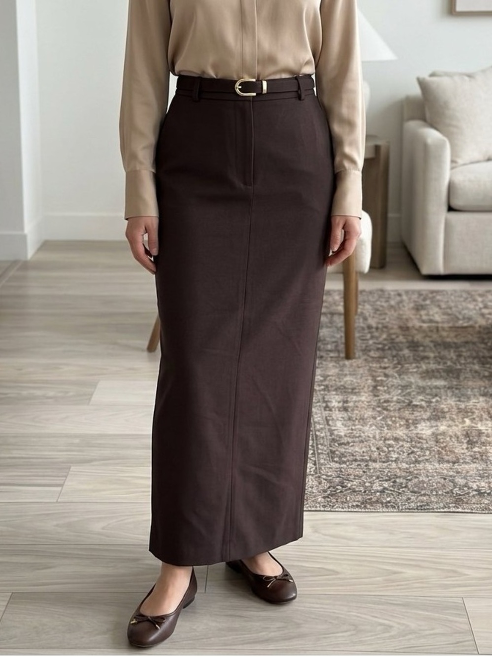 Alex Marie Dark Brown High-Waist Midi Pencil Skirt